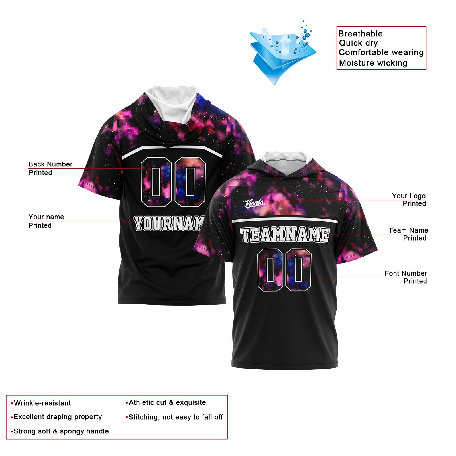 Custom Black Starry Sky Short Sleeve Hoodies for Men Women Shirts with Hoods Printed Name Logo enthsush