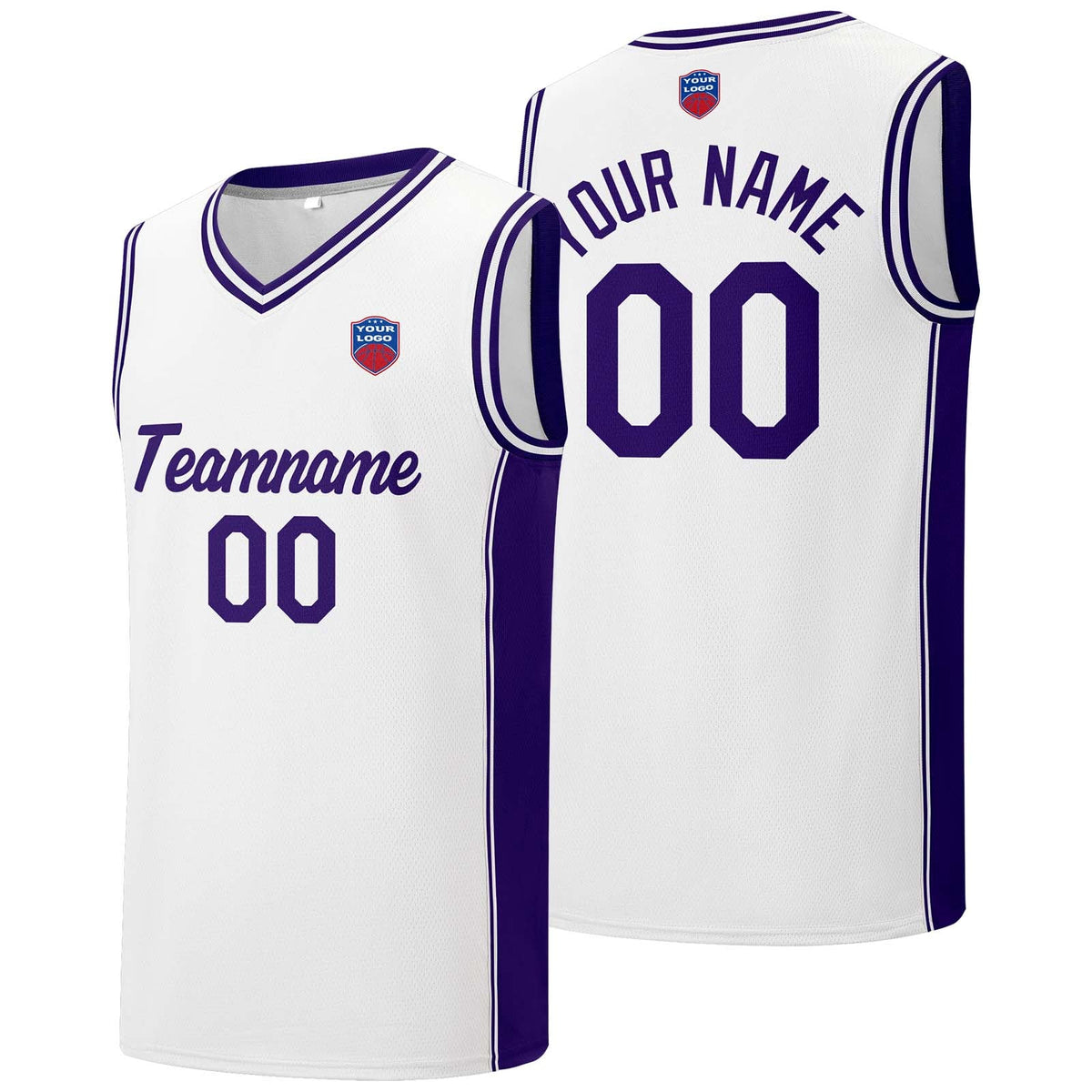 Custom basketball jersey shorts for men and women. Embroidered and printed name, number and logo White enthsush