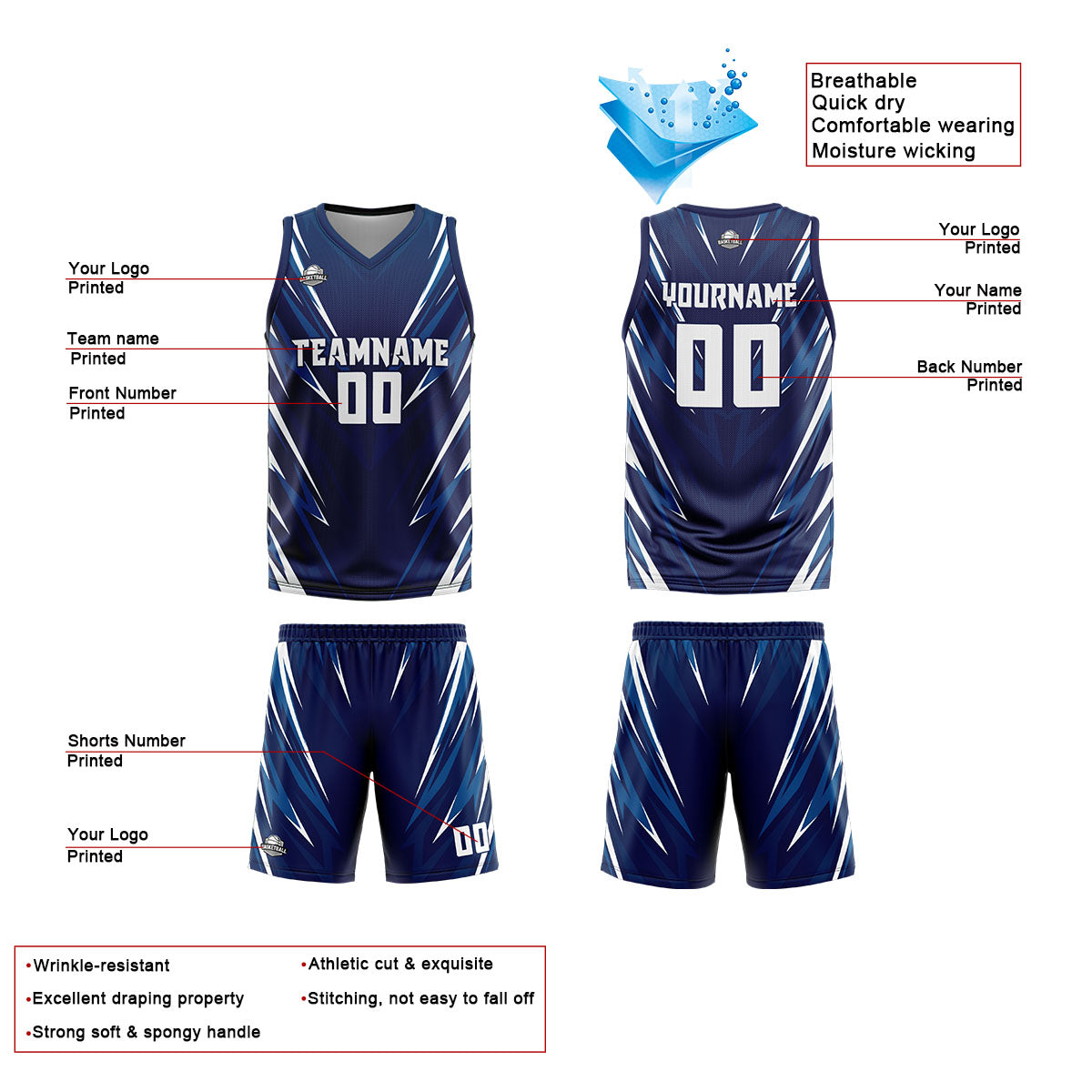 Custom Dark Blue Basketball Jersey Uniform Suit Printed Your Logo Name Number enthsush
