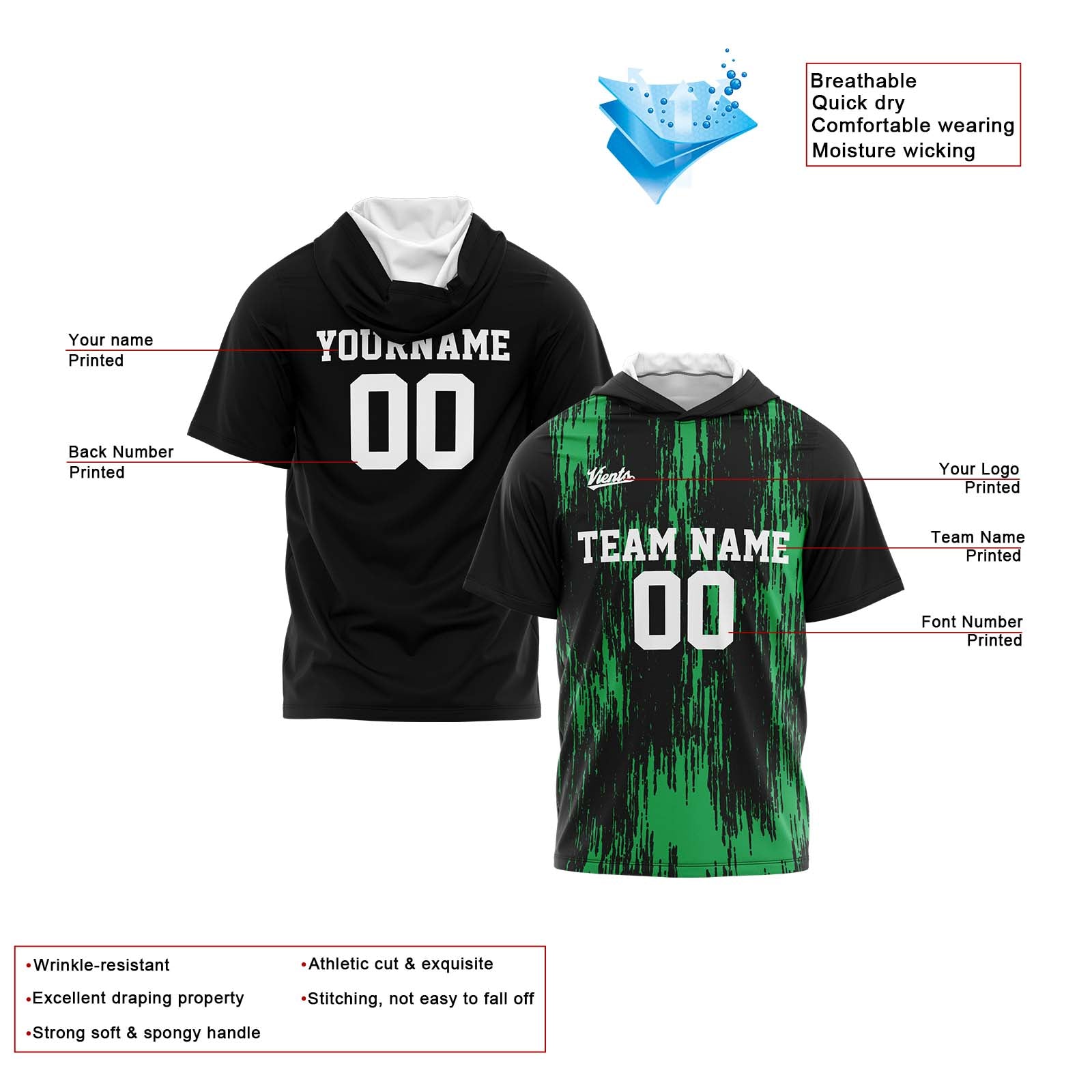 Custom Black Green Sleeve Hoodies for Men Women Shirts with Hoods Printed Name Logo enthsush