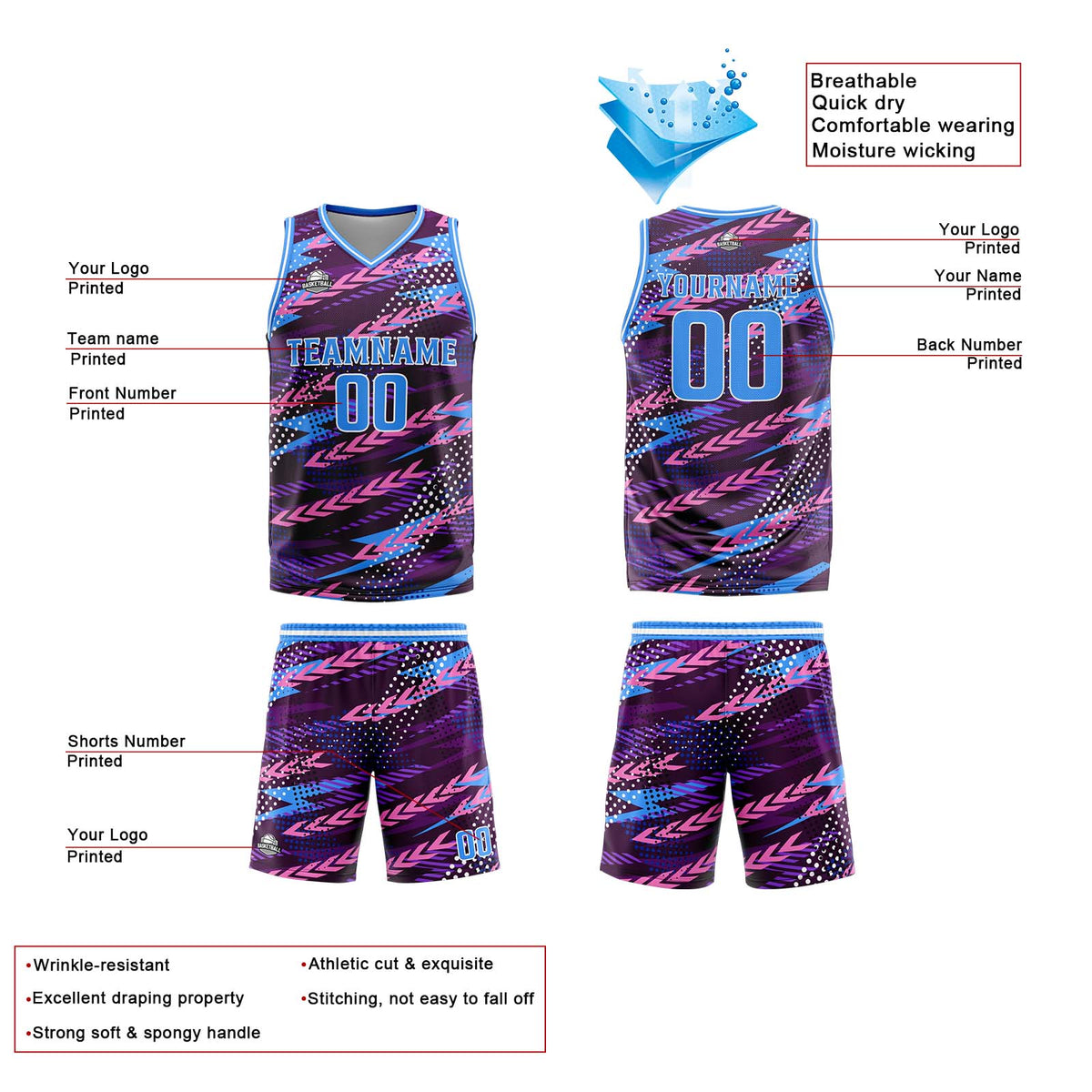 Custom Pink Blue Basketball Jersey Uniform Suit Printed Your Logo Name Number enthsush