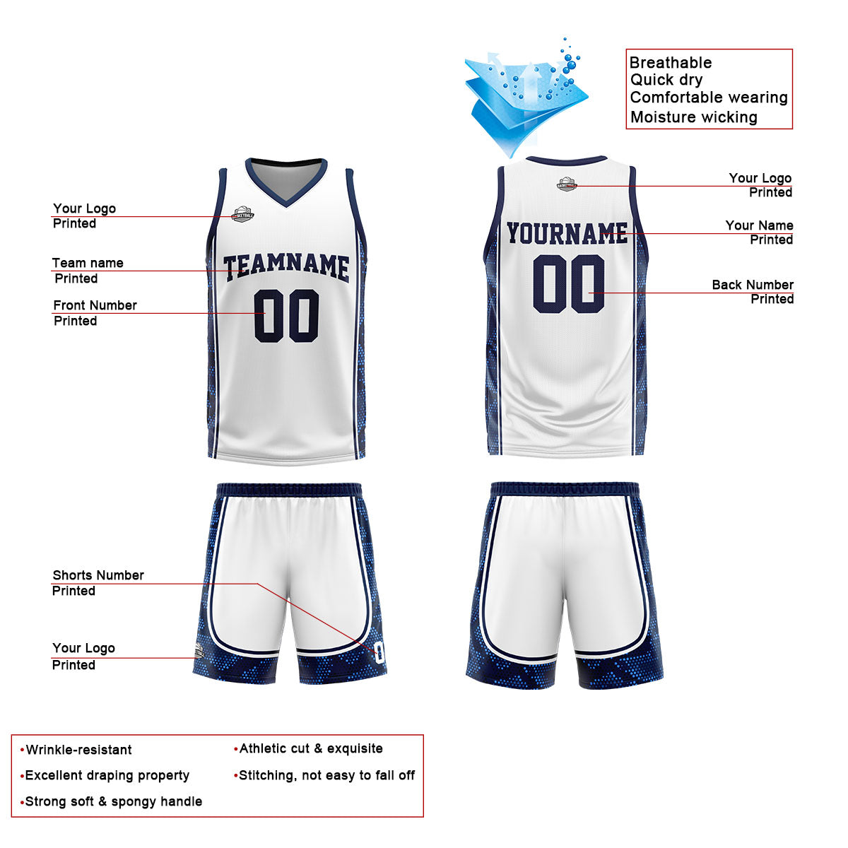 Custom White Dark Blue Basketball Jersey Uniform Suit Printed Your Logo Name Number enthsush