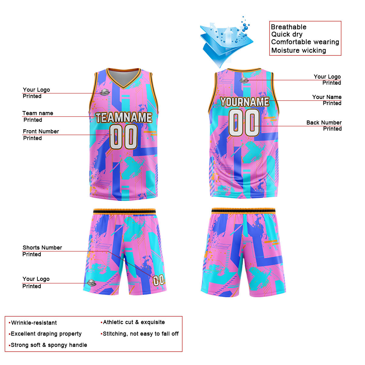 Custom Pink Blue Reversible Basketball Suit for Adults and Kids Personalized Jersey enthsush