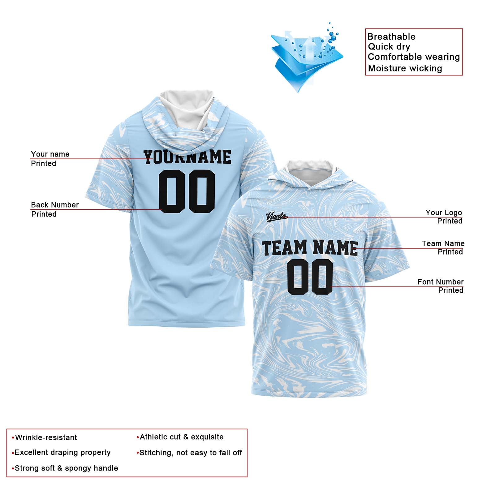 Custom Light Blue Sleeve Hoodies for Men Women Shirts with Hoods Printed Name Logo enthsush
