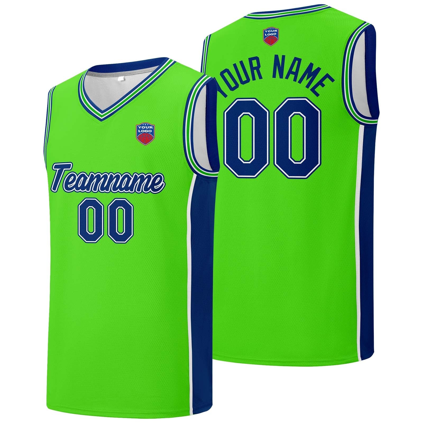 Custom basketball jersey shorts for men and women. Embroidered and printed name, number and logo Neon Green&Royal enthsush