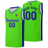 Custom basketball jersey shorts for men and women. Embroidered and printed name, number and logo Neon Green&Royal