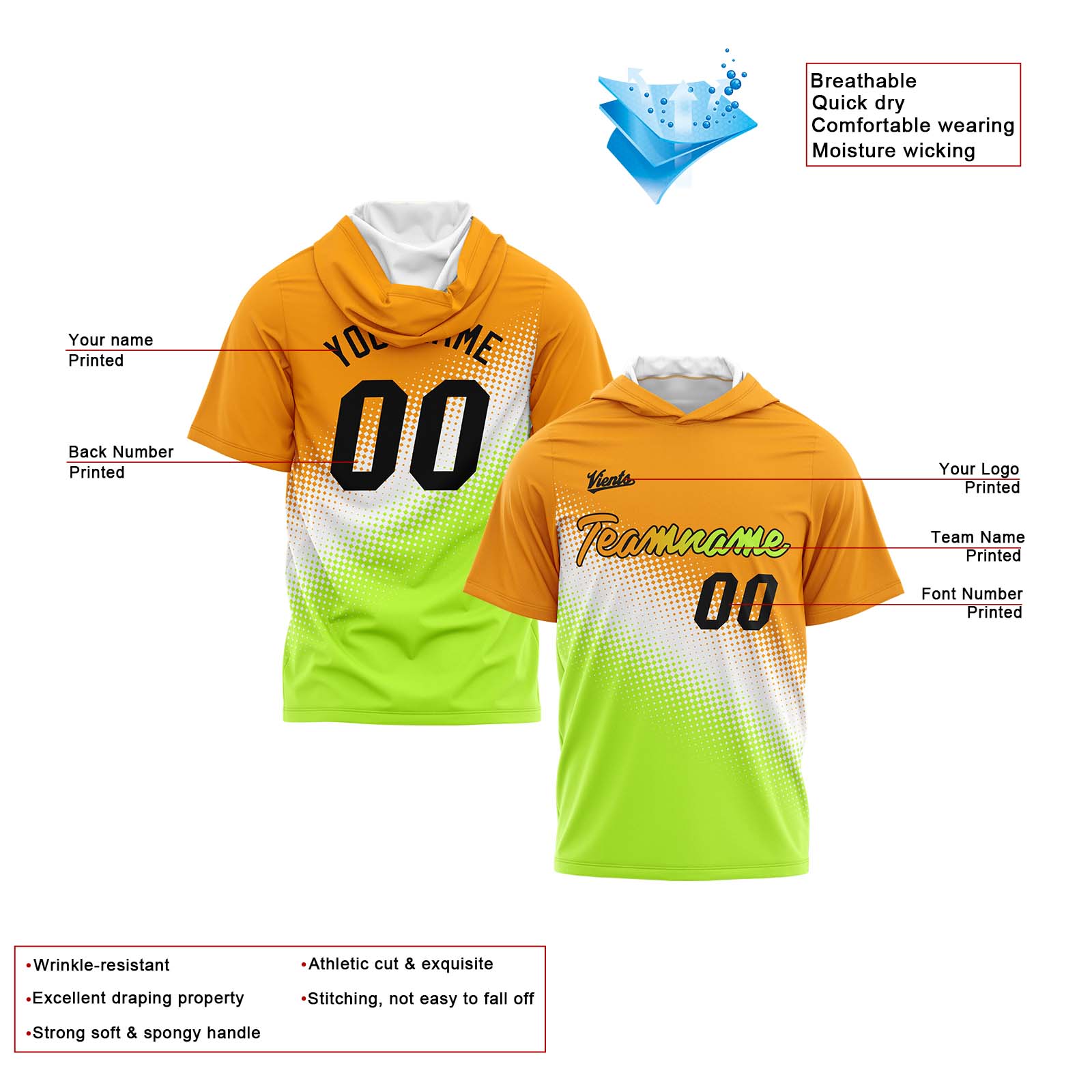 Custom Orange White Green Short Sleeve Hoodies for Men Women Shirts with Hoods Printed Name Logo enthsush