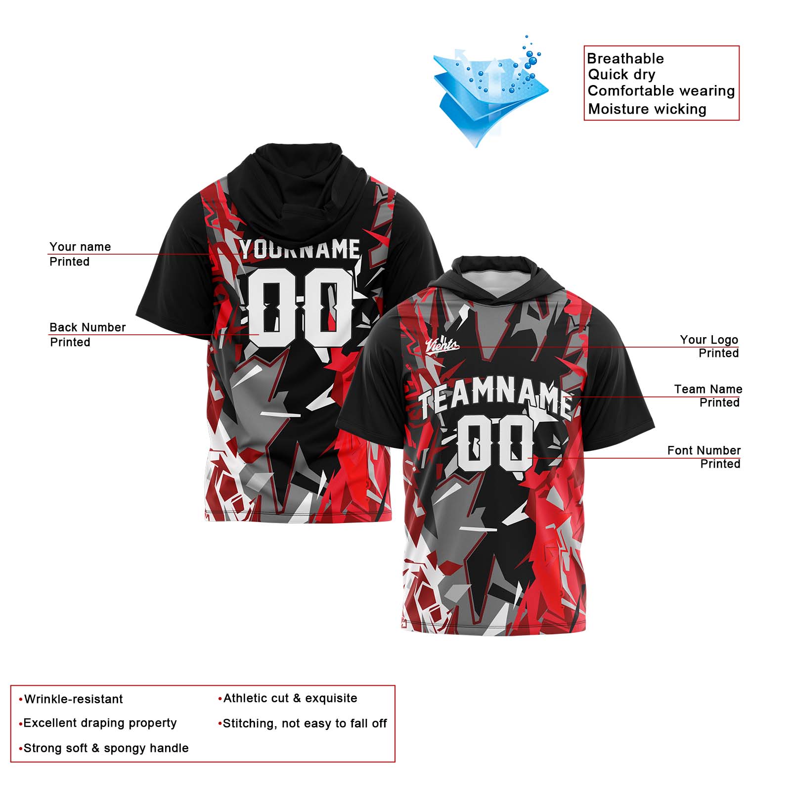 Custom Black Red Sleeve Hoodies for Men Women Shirts with Hoods Printed Name Logo enthsush