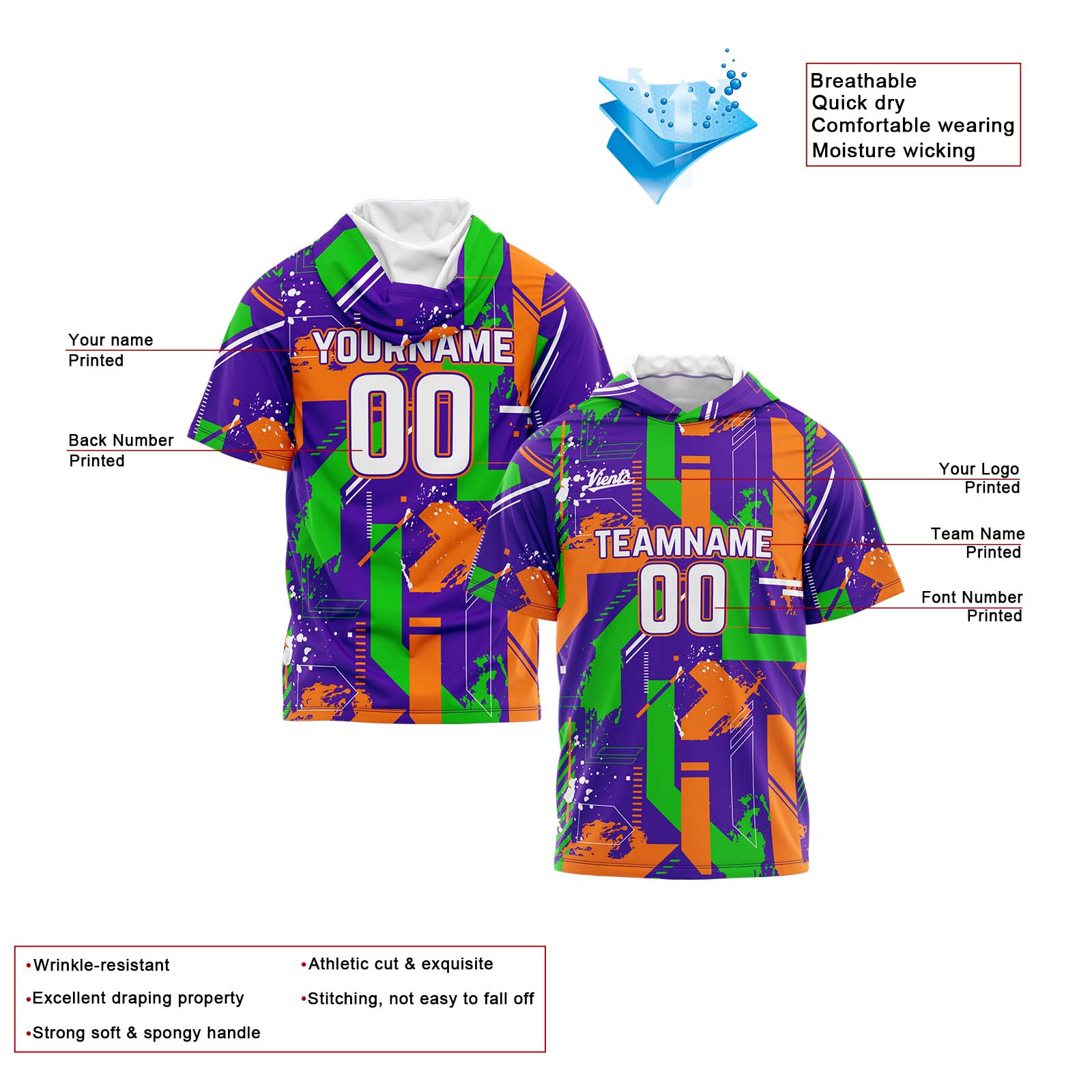 Custom Purple Orange Short Sleeve Hoodies for Men Women Shirts with Hoods Printed Name Logo enthsush