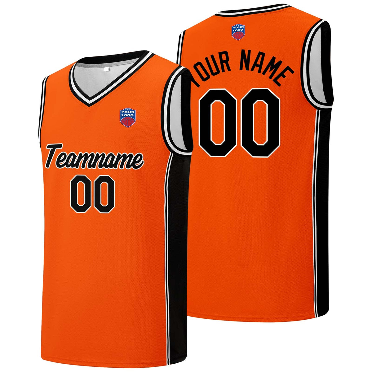 Custom basketball jersey shorts for men and women. Embroidered and printed name, number and logo Orange&Black enthsush