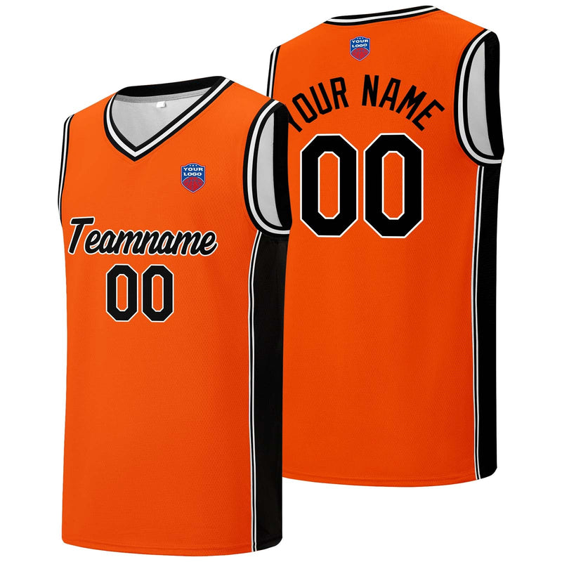 Custom basketball jersey shorts for men and women. Embroidered and printed name, number and logo Orange&Black