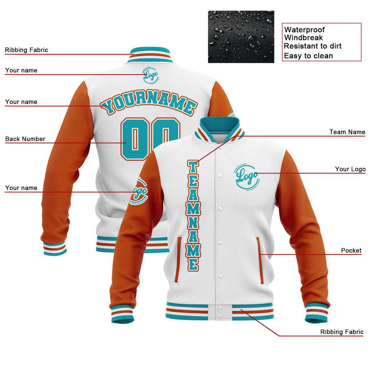 Custom Whtie Orange Teal Waterproof Varsity Jackets Personalized Stitched Name Number Logo to Letterman Jackets enthsush