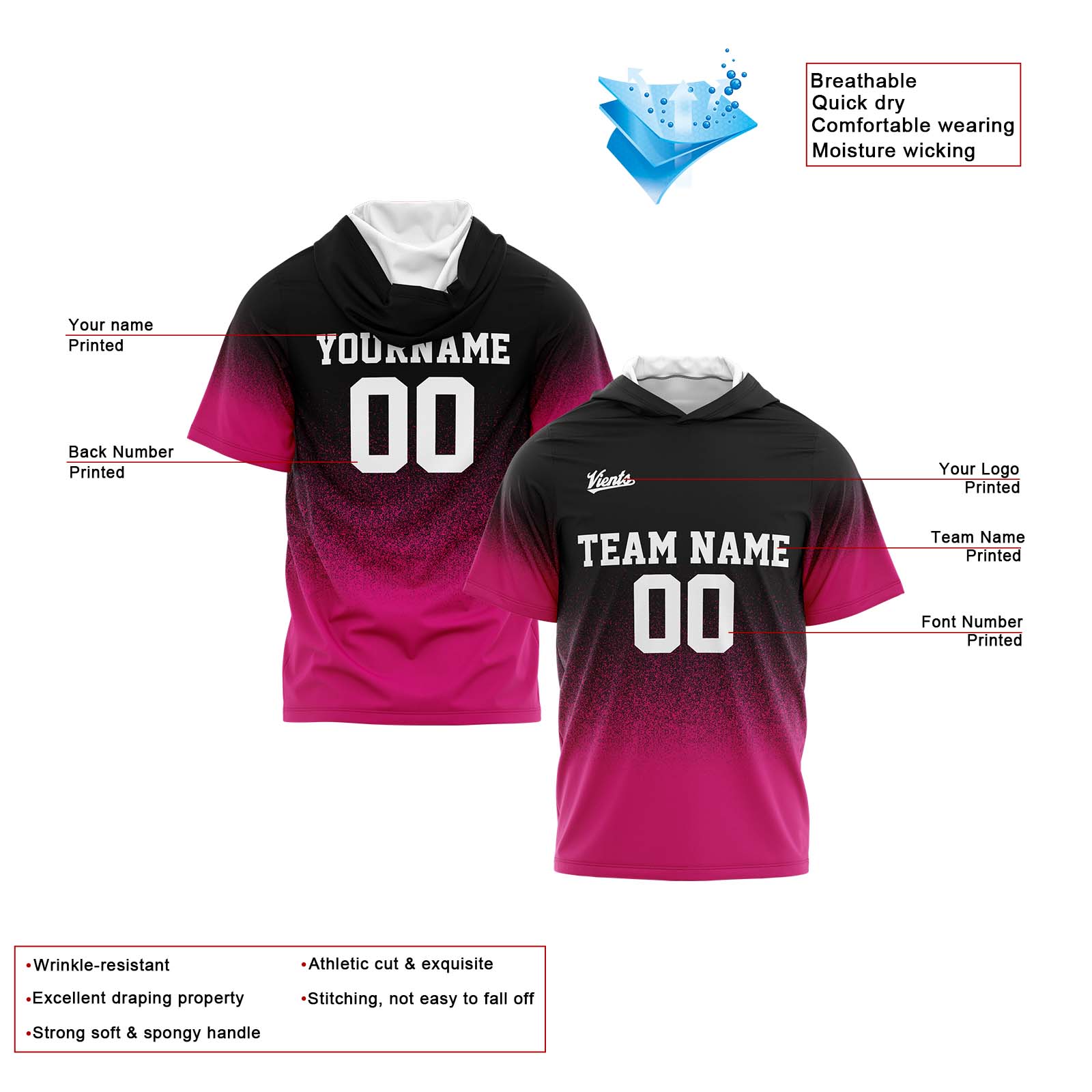 Custom Black Pink Sleeve Hoodies for Men Women Shirts with Hoods Printed Name Logo enthsush