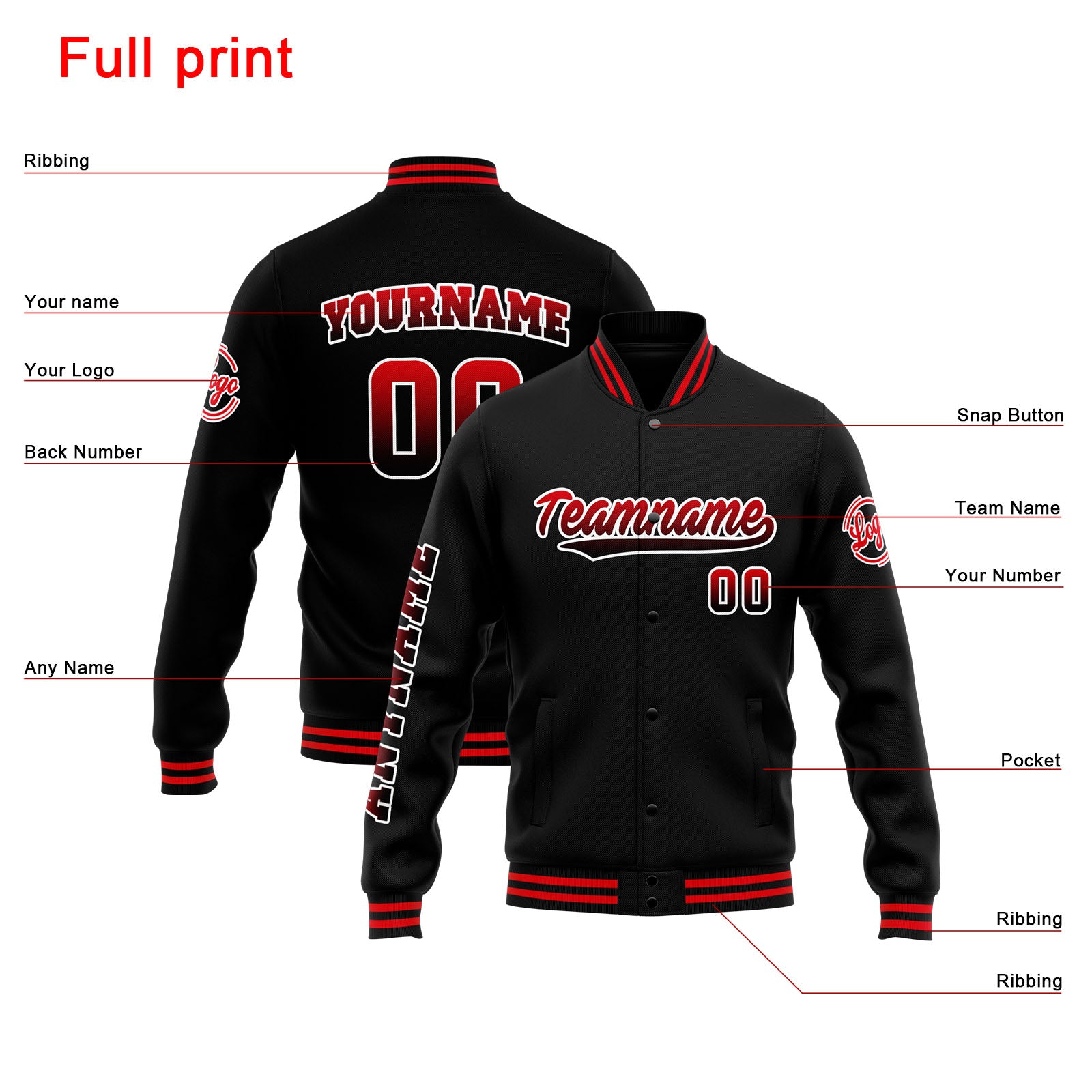Custom Varsity Jacket Letterman jacket for Men, Women and Youth Black Red enthsush