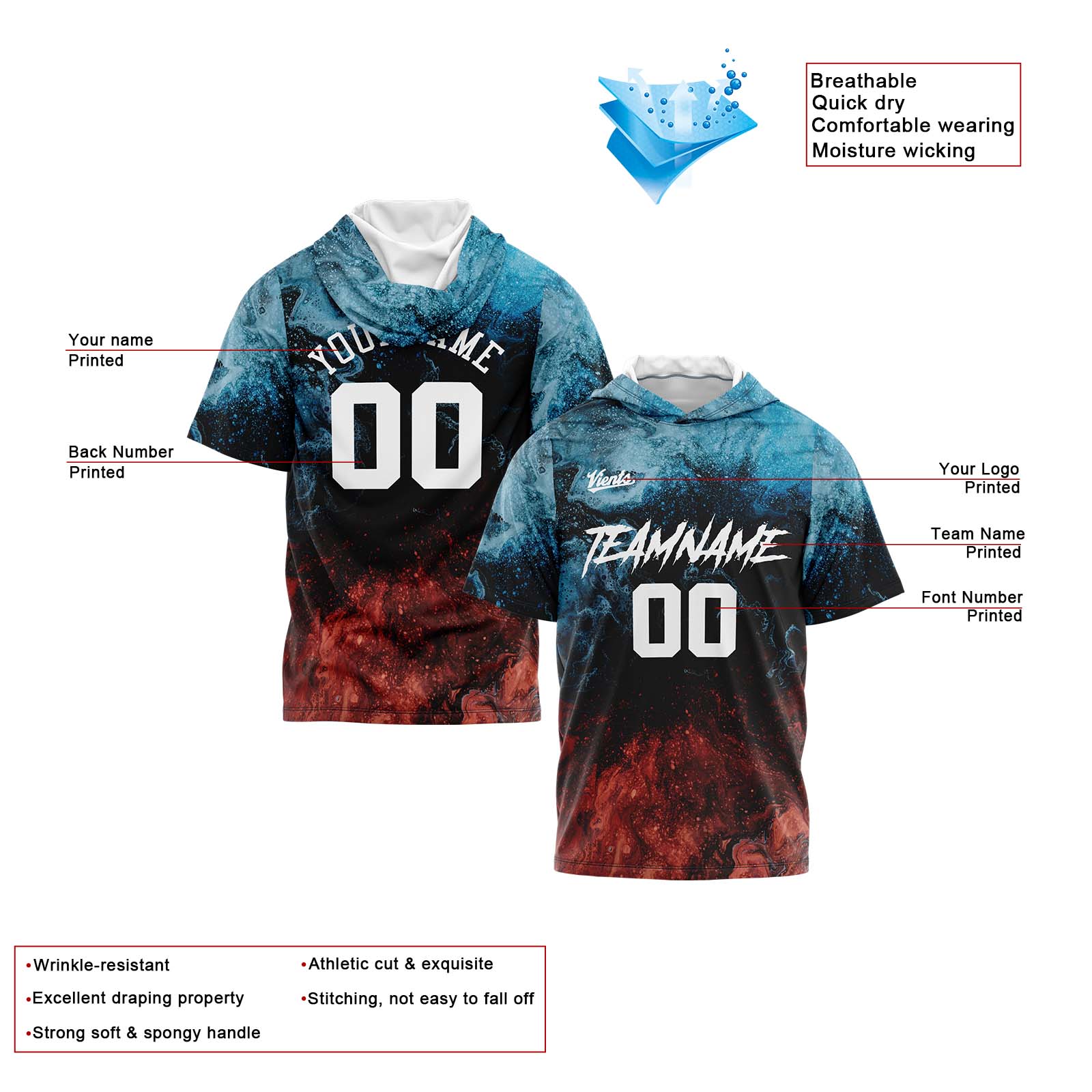 Custom Water and Fire Sleeve Hoodies for Men Women Shirts with Hoods Printed Name Logo enthsush