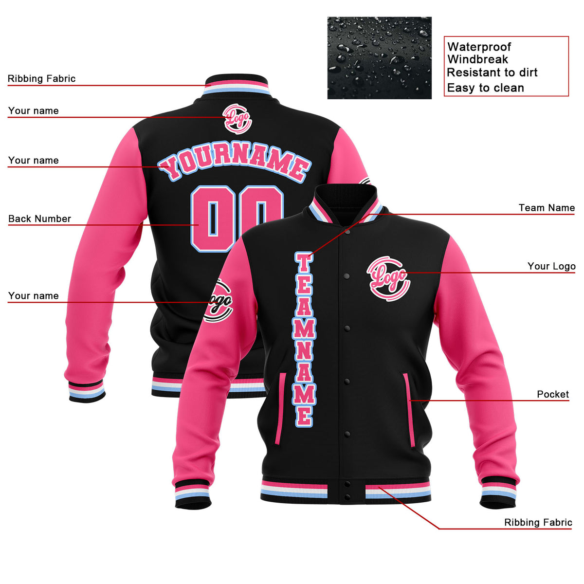 Custom Black Pink Light Blue Waterproof Varsity Jackets Personalized Stitched Name Number Logo to Letterman Jackets enthsush