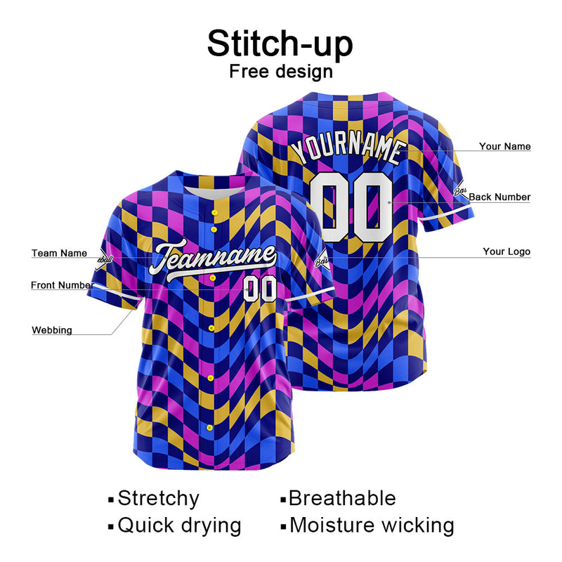 Custom Full Print Design Authentic Baseball Jersey purple-blue-yellow