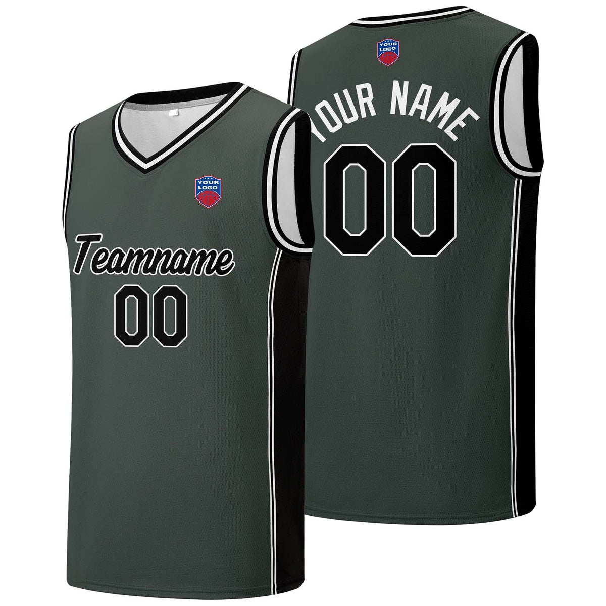 Custom basketball jersey shorts for men and women. Embroidered and printed name, number and logo Grey&Black enthsush