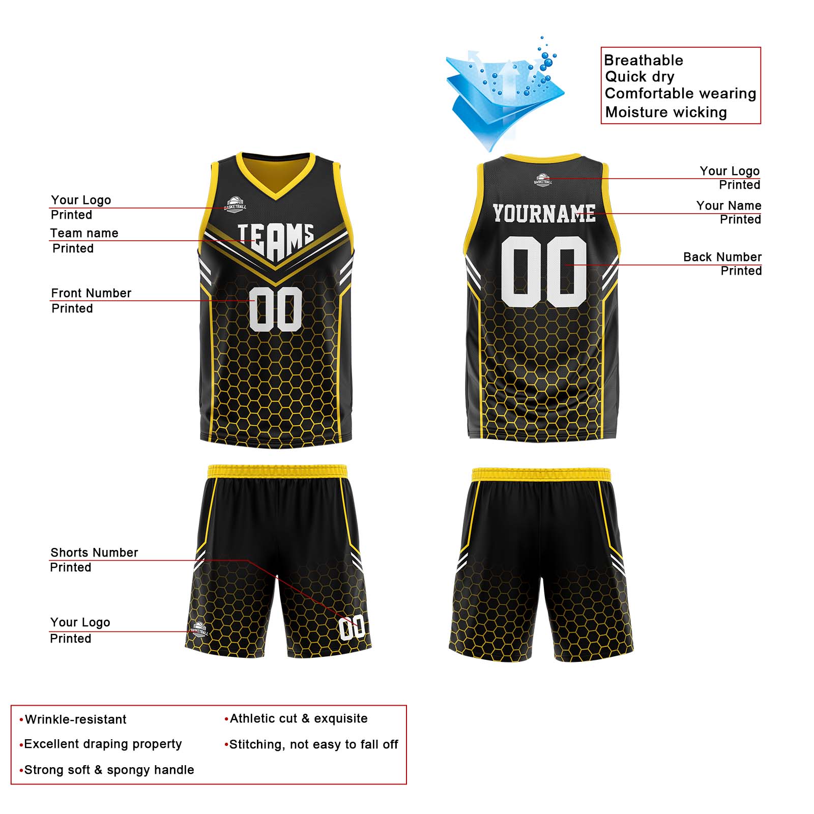 Custom Black Yellow Reversible Basketball Suit for Adults and Kids Personalized Jersey enthsush