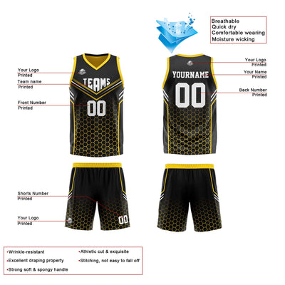 Custom Black Yellow Reversible Basketball Suit for Adults and Kids Personalized Jersey enthsush