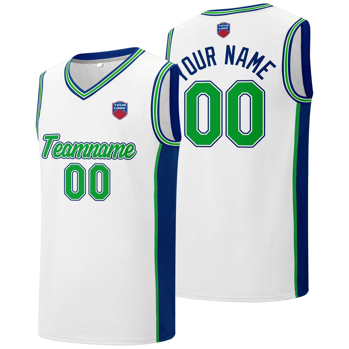 Custom basketball jersey shorts for men and women. Embroidered and printed name, number and logo White&Royal&Green enthsush