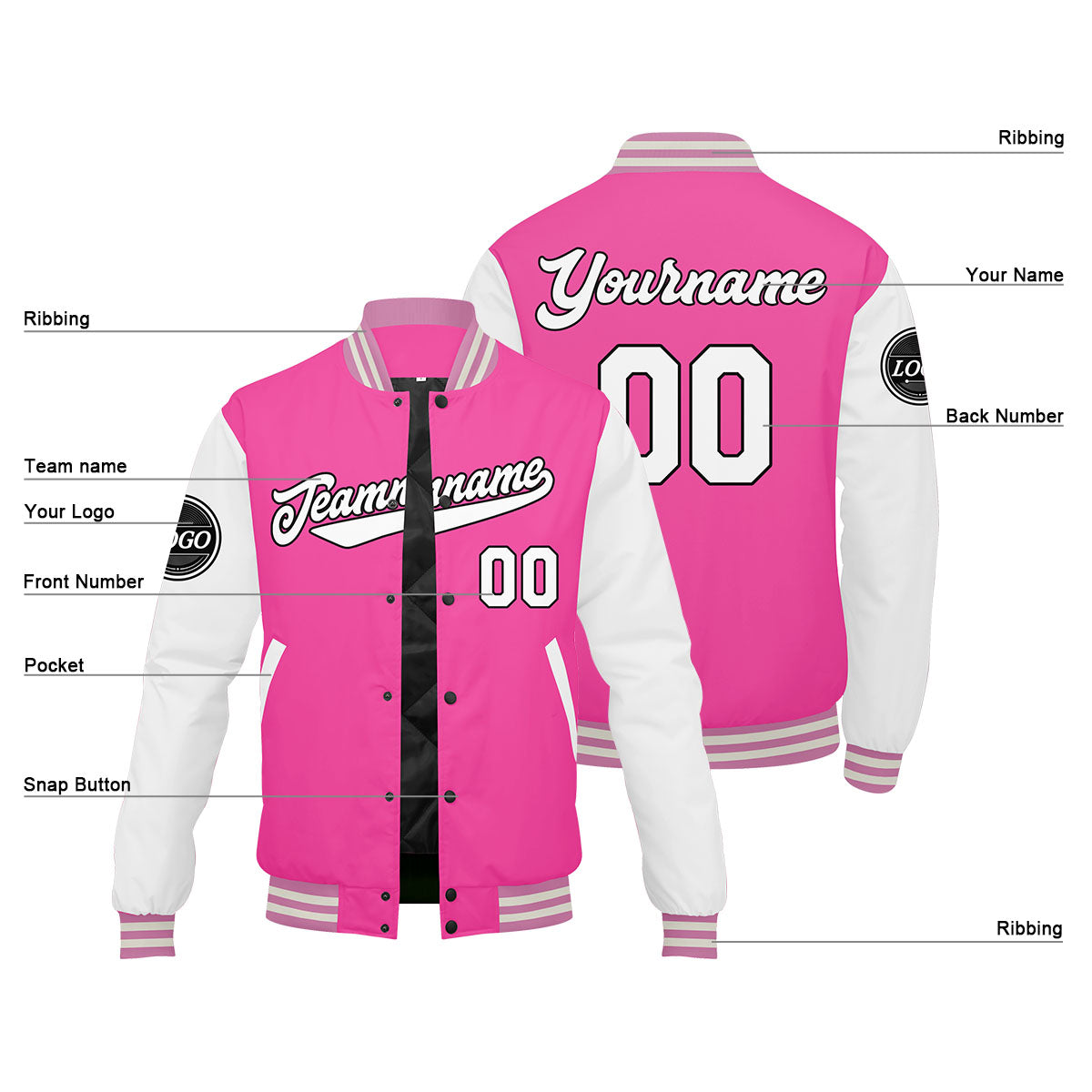 Custom Varsity Jacket Letterman jacket for Men, Women and Youth Pink enthsush