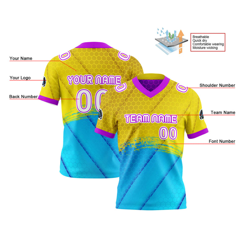 Custom Yellow Purple Reversible Football Jersey Personalized Gradient Football Shirts for Men Printed Team Name Number Logo