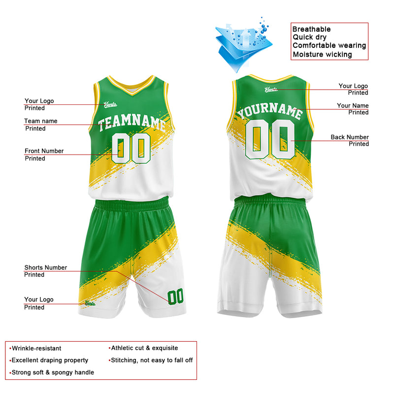Custom Basketball Jersey Uniform Suit Printed Your Logo Name Number Green-Yellow-White