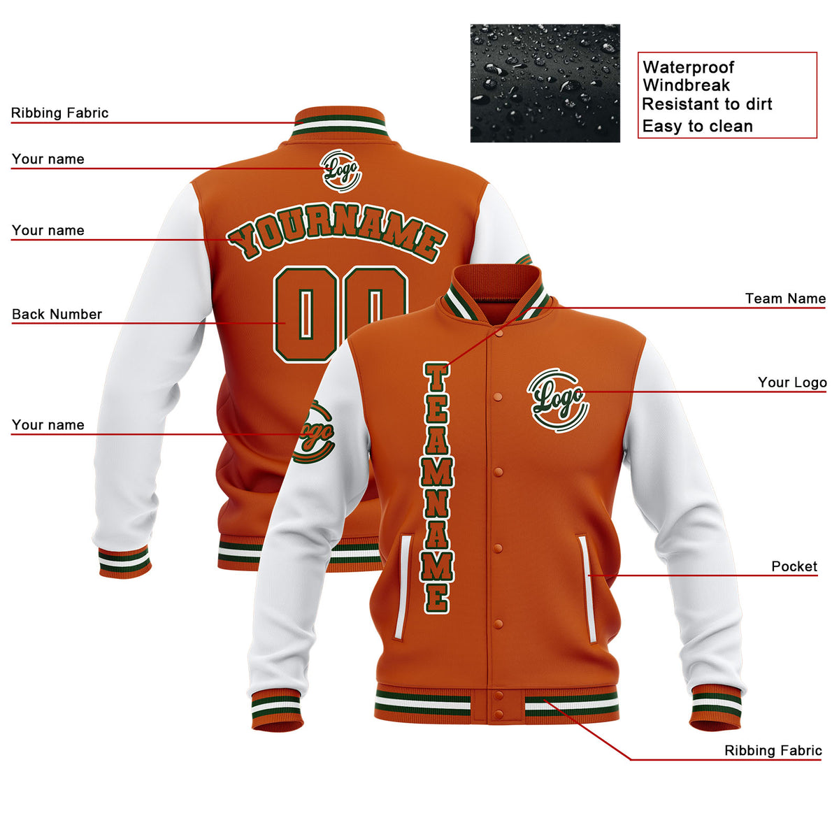 Custom Orange White Waterproof Varsity Jackets Personalized Stitched Name Number Logo to Letterman Jackets enthsush
