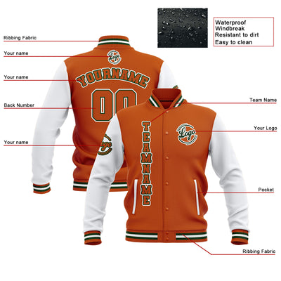 Custom Orange White Waterproof Varsity Jackets Personalized Stitched Name Number Logo to Letterman Jackets enthsush