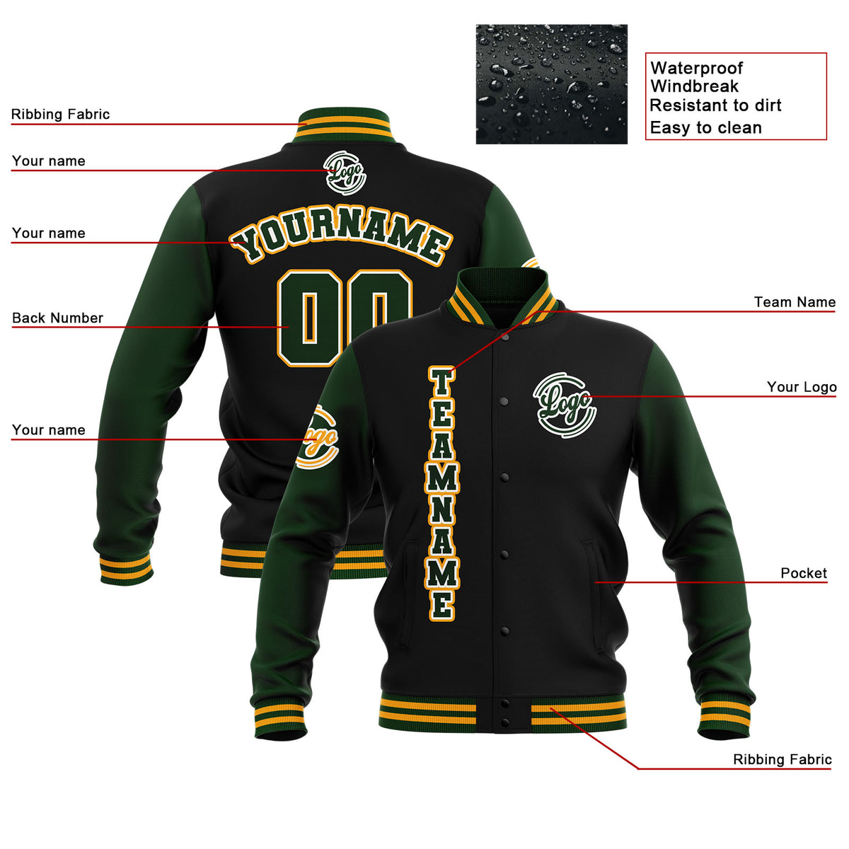 Custom Black Drak Green Yellow Waterproof Varsity Jackets Personalized Stitched Name Number Logo to Letterman Jackets enthsush