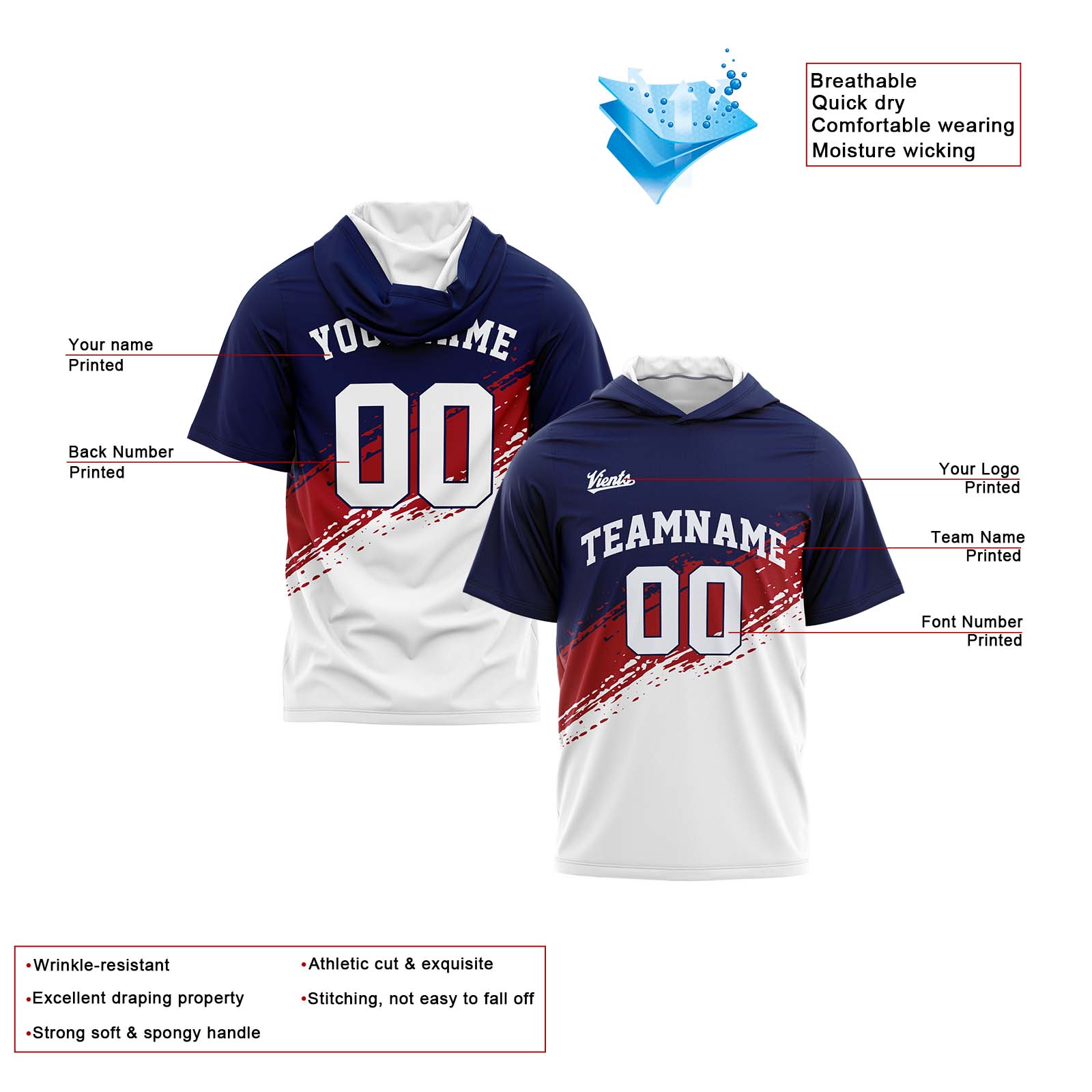 Custom Navy Red White Short Sleeve Hoodies for Men Women Shirts with Hoods Printed Name Logo enthsush