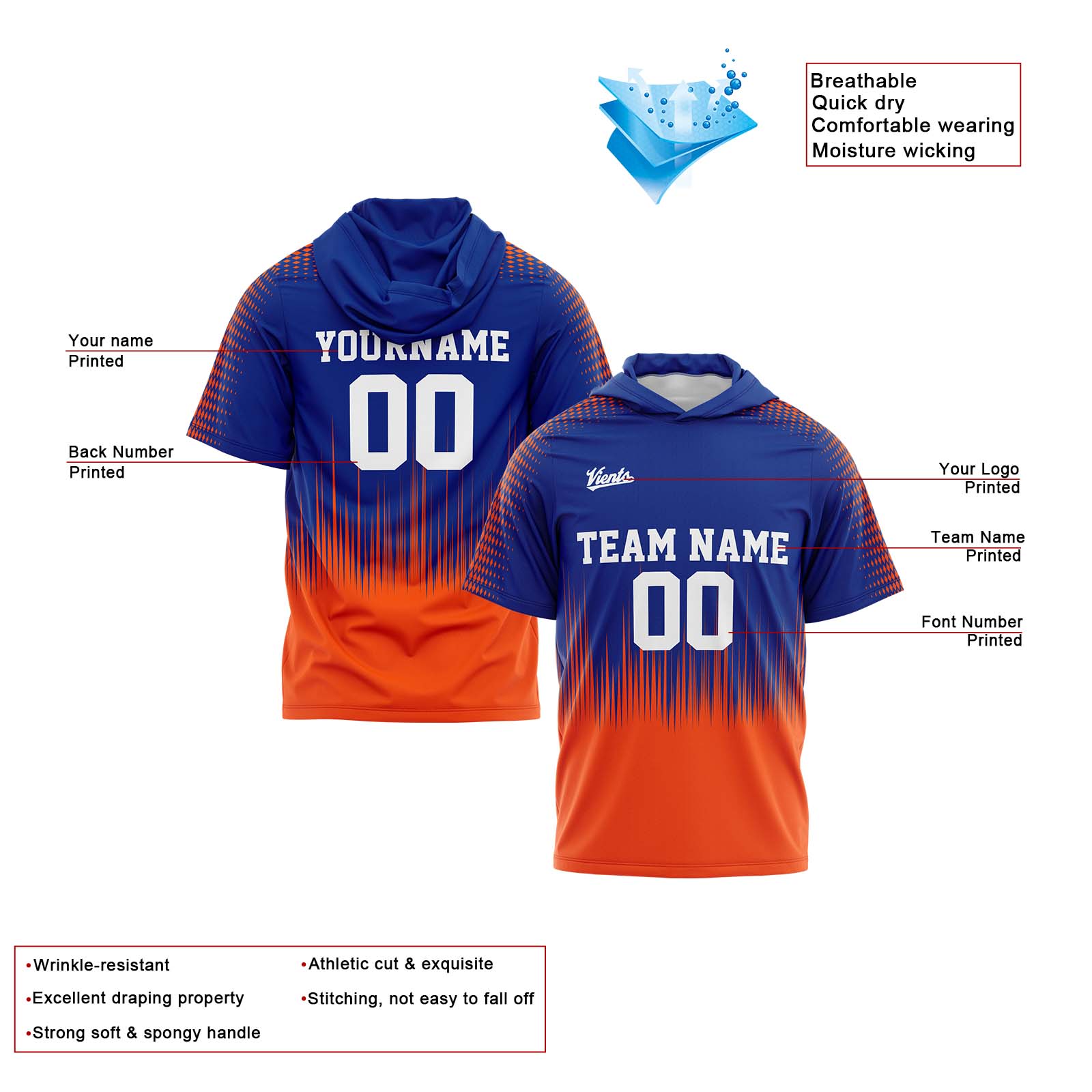 Custom Royal Orange Sleeve Hoodies for Men Women Shirts with Hoods Printed Name Logo enthsush