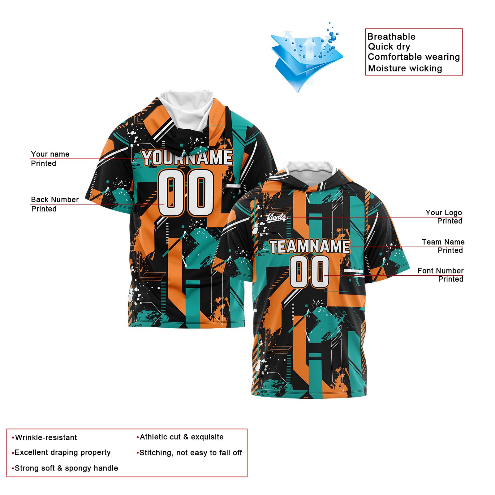 Custom Aqua Orange Short Sleeve Hoodies for Men Women Shirts with Hoods Printed Name Logo enthsush