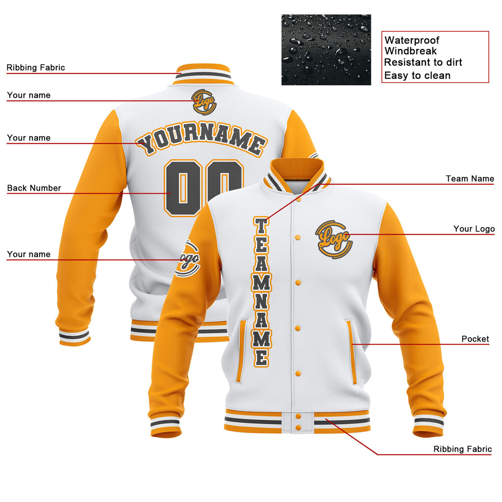Custom White Yellow Grey Waterproof Varsity Jackets Personalized Stitched Name Number Logo to Letterman Jackets enthsush