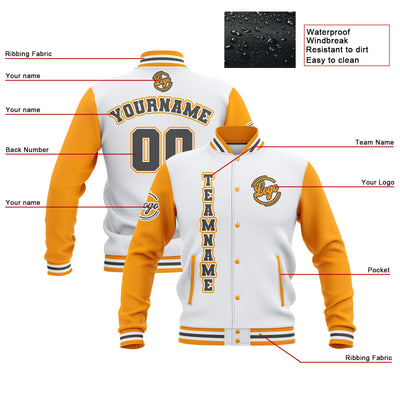 Custom White Yellow Grey Waterproof Varsity Jackets Personalized Stitched Name Number Logo to Letterman Jackets enthsush