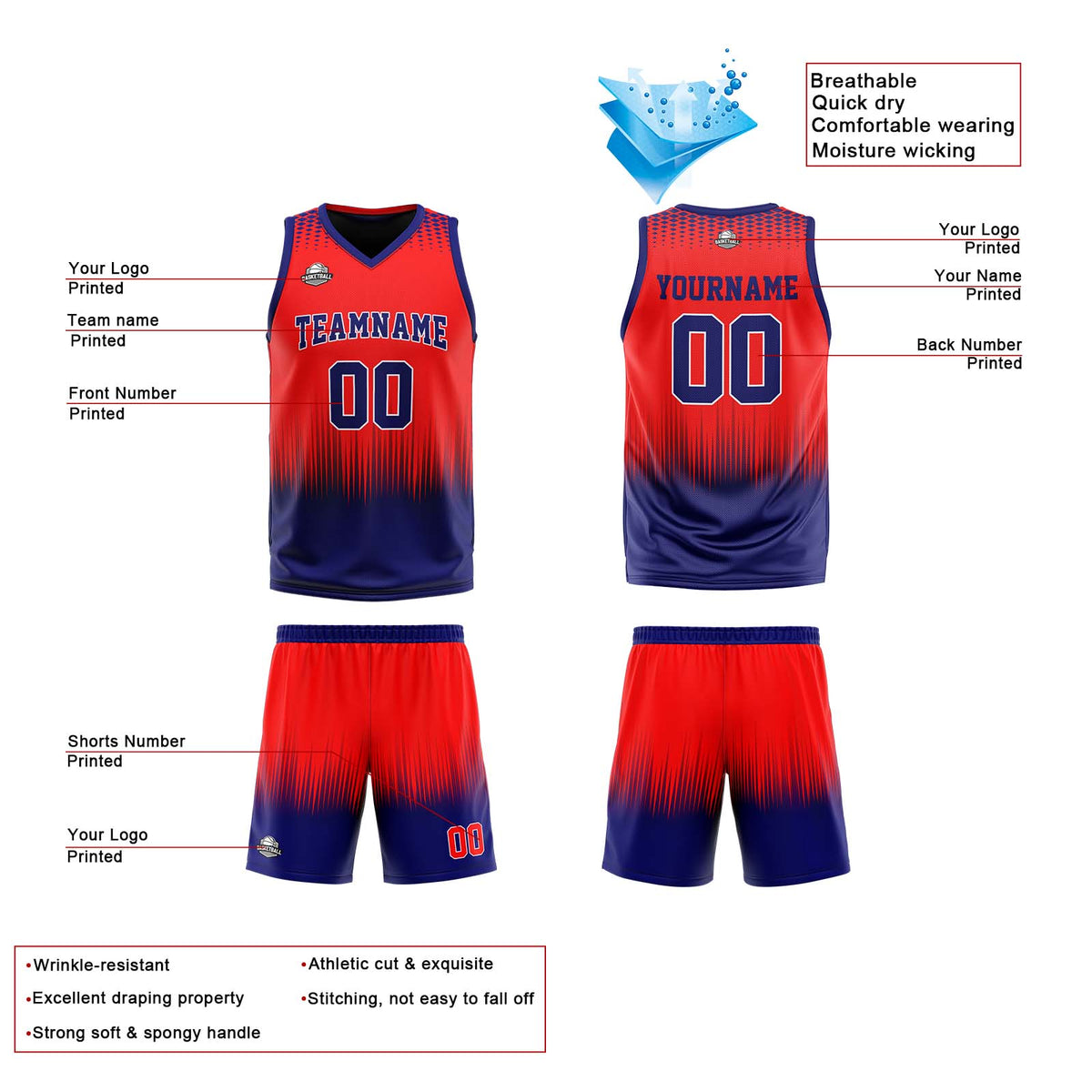 Custom Red Dark Blue Reversible Basketball Suit for Adults and Kids Personalized Jersey enthsush