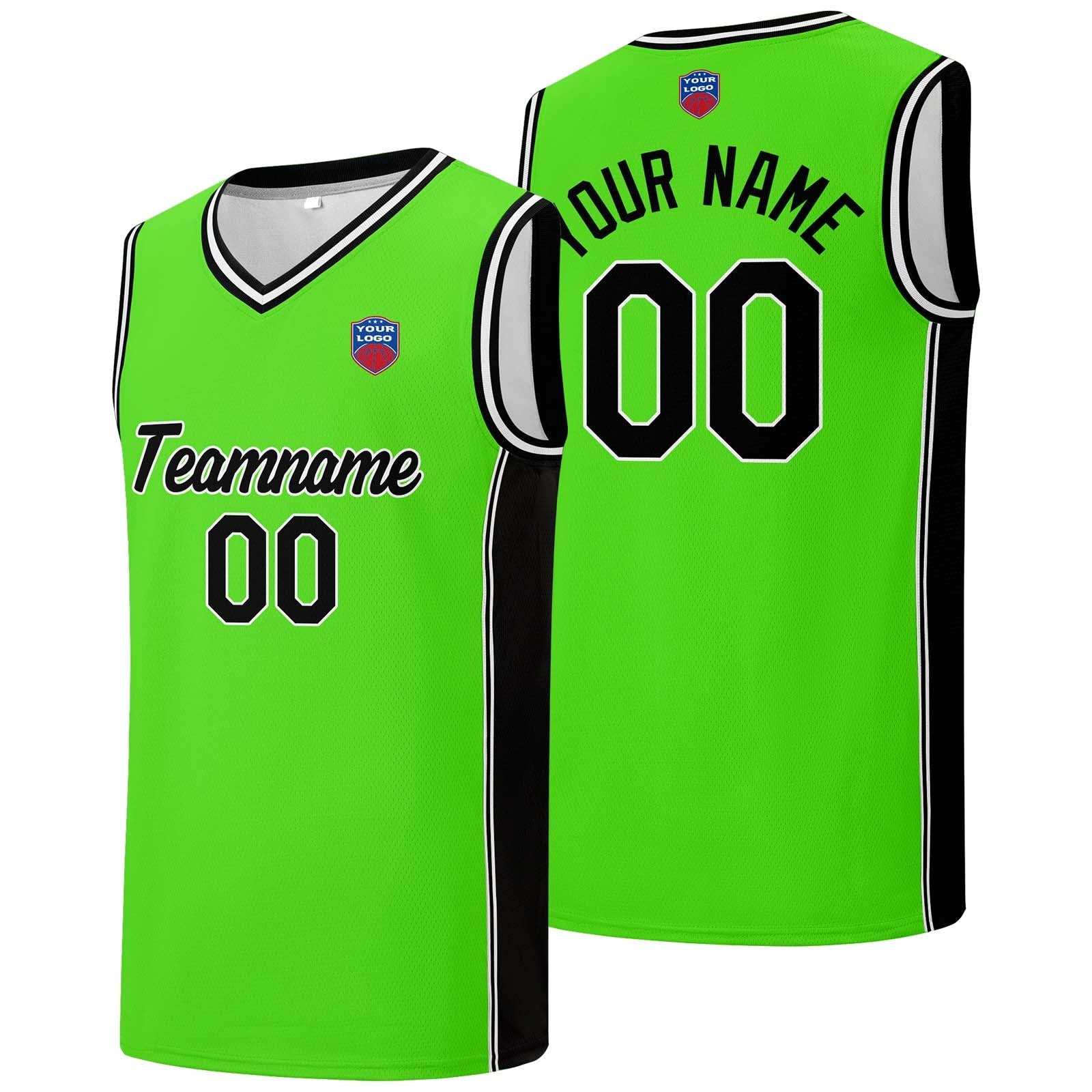 Custom basketball jersey shorts for men and women. Embroidered and printed name, number and logo Neon Green enthsush