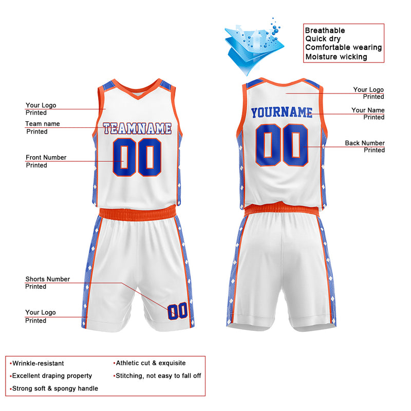 Custom Basketball Jersey Uniform Suit Printed Your Logo Name Number White-Orange-Royal enthsush