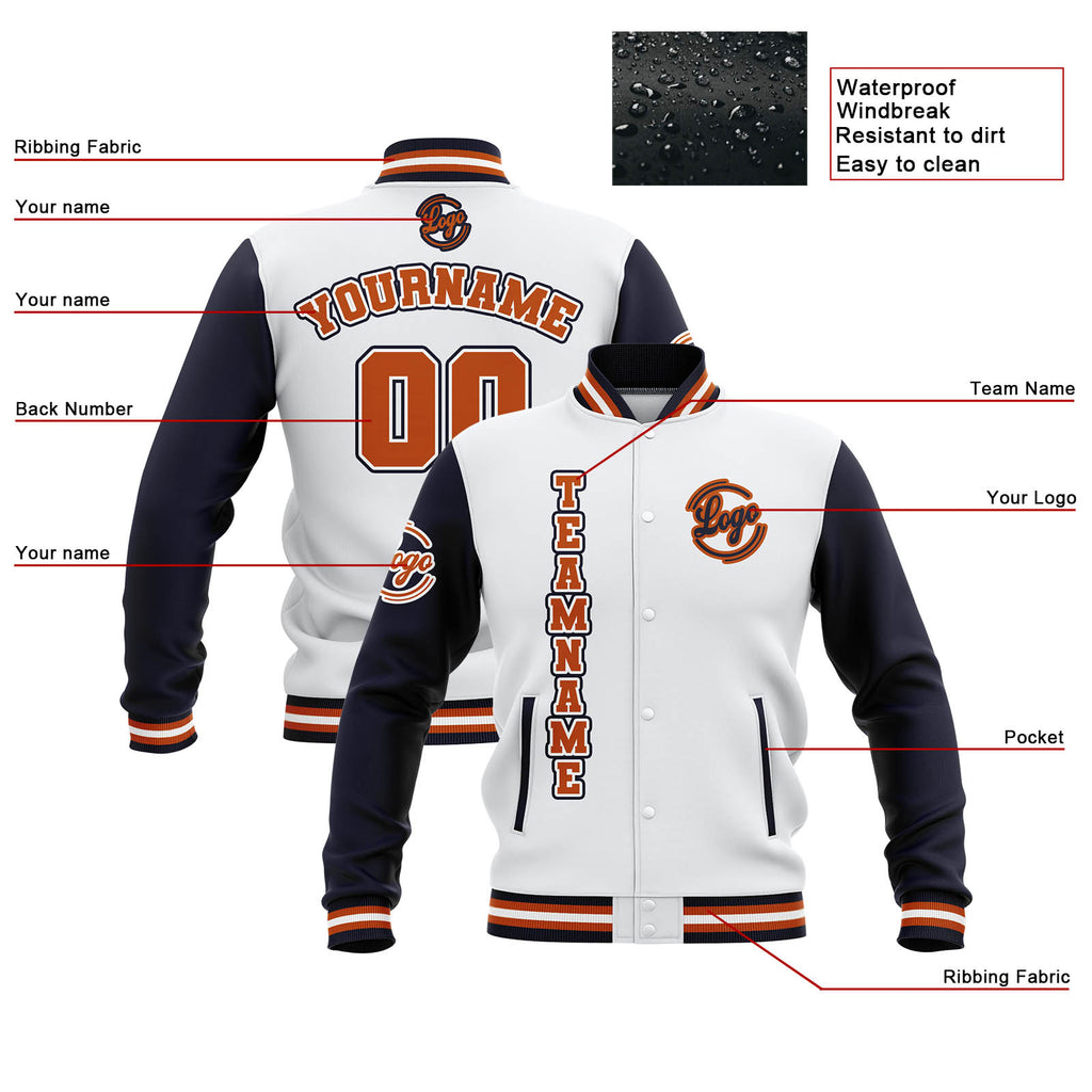 Custom White Navy Orange Waterproof Varsity Jackets Personalized Stitched Name Number Logo to Letterman Jackets enthsush