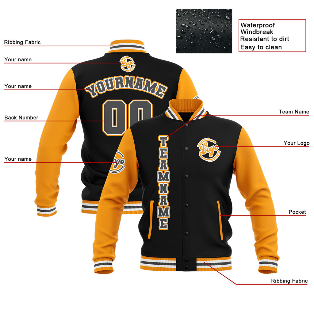 Custom Black Yellow Grey Waterproof Varsity Jackets Personalized Stitched Name Number Logo to Letterman Jackets enthsush