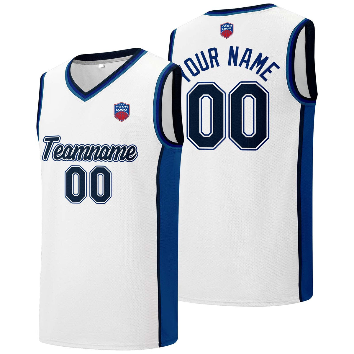 Custom basketball jersey shorts for men and women. Embroidered and printed name, number and logo White enthsush