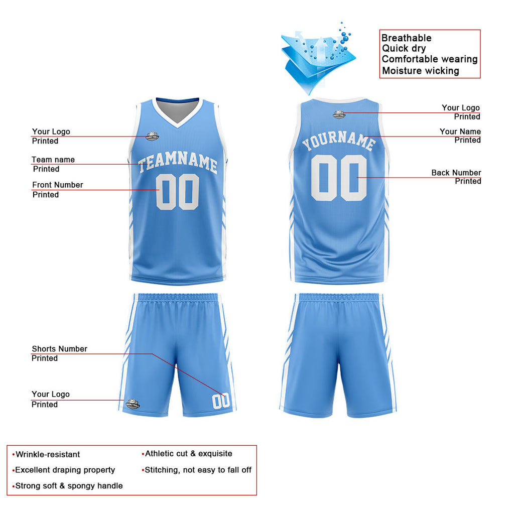Custom Reversible Basketball Suit for Adults and Kids Personalized Jersey Light Blue-White enthsush