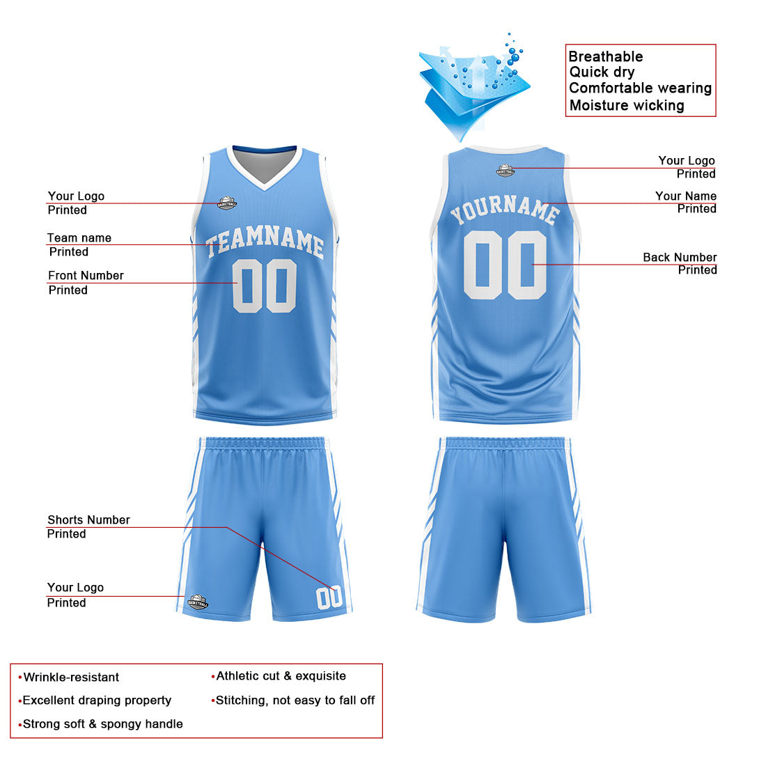 Custom Reversible Basketball Suit for Adults and Kids Personalized Jersey Light Blue-White enthsush