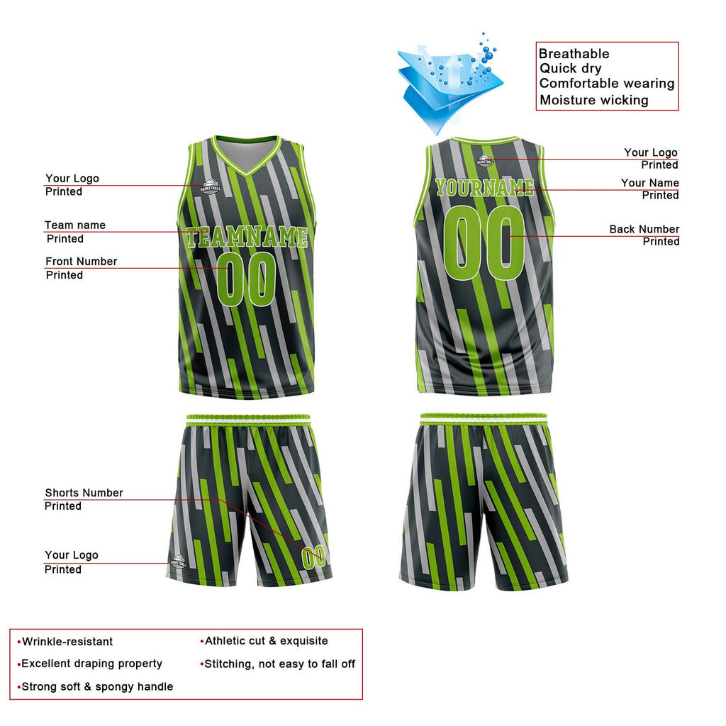 Custom Vertical bar Green Grey Basketball Jersey Uniform Suit Printed Your Logo Name Number enthsush