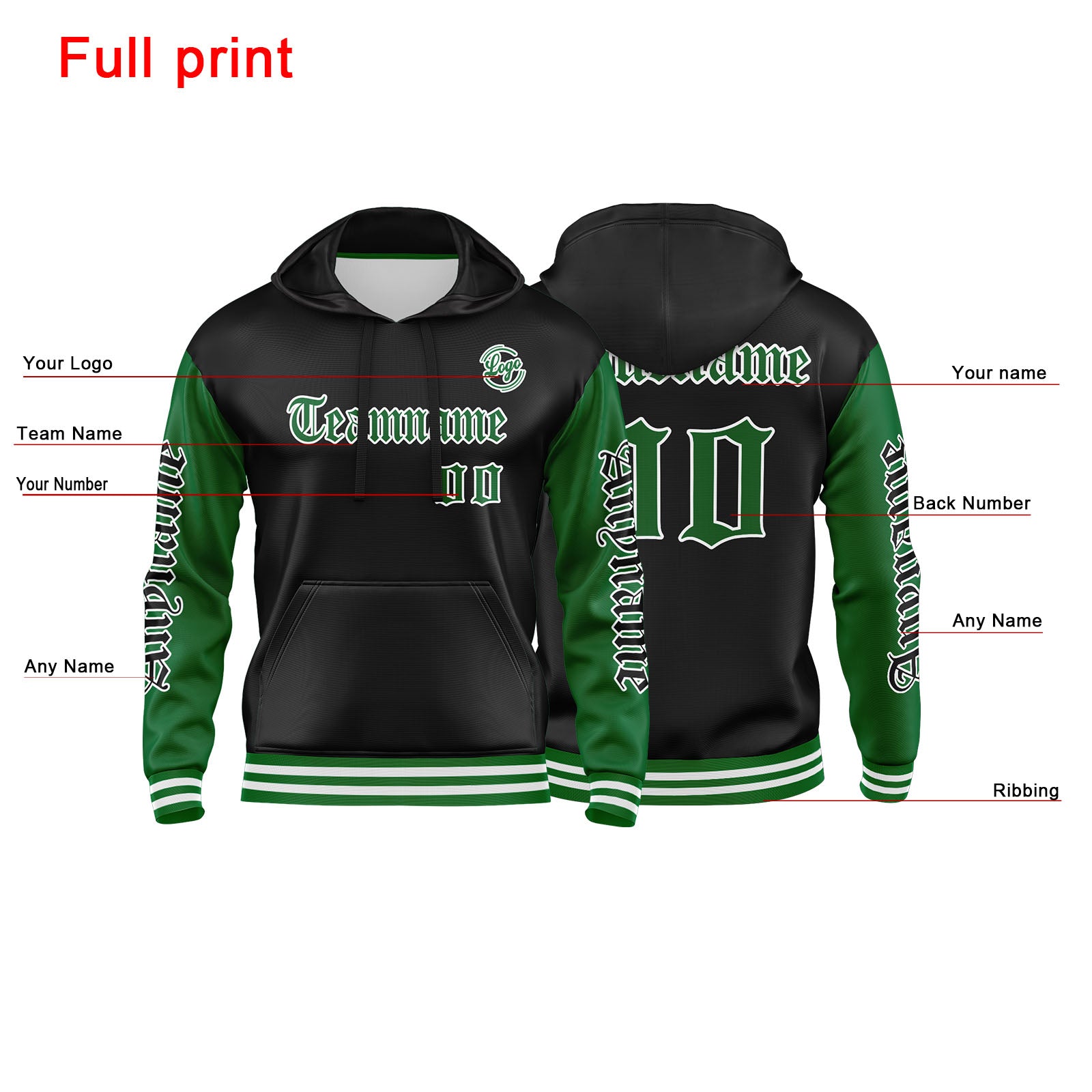 Custom Green Black Sweatshirt Hoodie For Men Women Girl Boy Print Your Logo Name Number enthsush