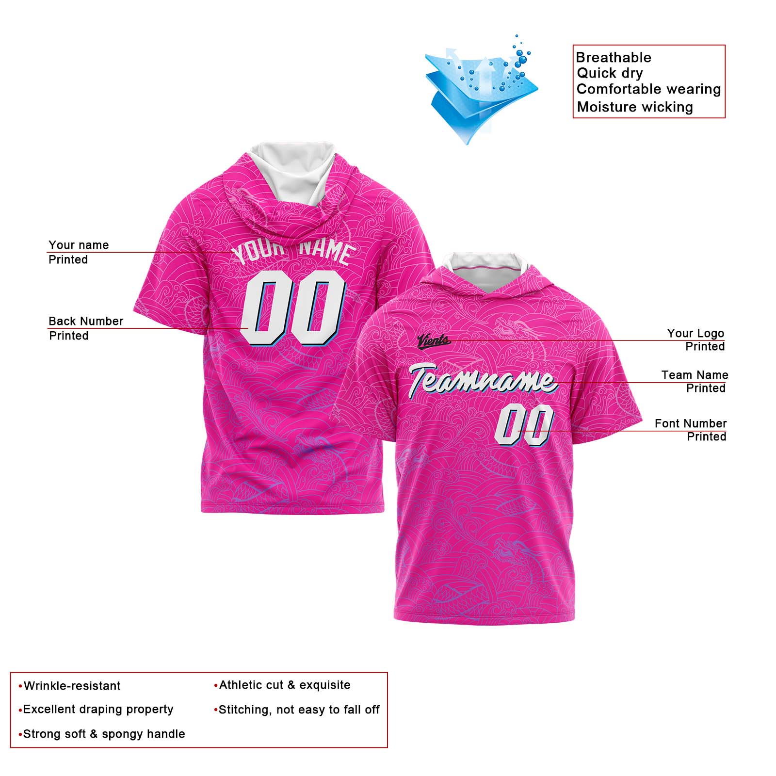 Custom Pink Short Sleeve Hoodies for Men Women Shirts with Hoods Printed Name Logo enthsush