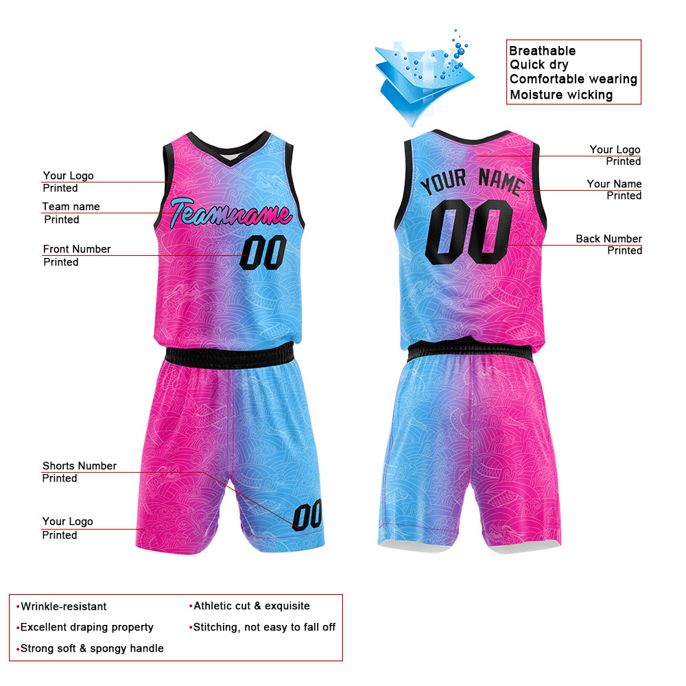 Custom Basketball Jersey Uniform Suit Printed Your Logo Name Number Hot Pink-Light Blue enthsush