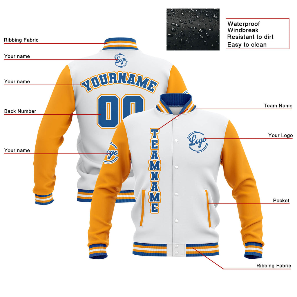 Custom White Yellow Blue Waterproof Varsity Jackets Personalized Stitched Name Number Logo to Letterman Jackets enthsush
