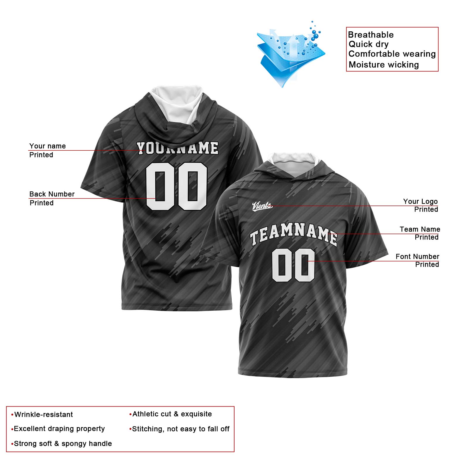 Custom Grey Short Sleeve Hoodies for Men Women Shirts with Hoods Printed Name Logo enthsush